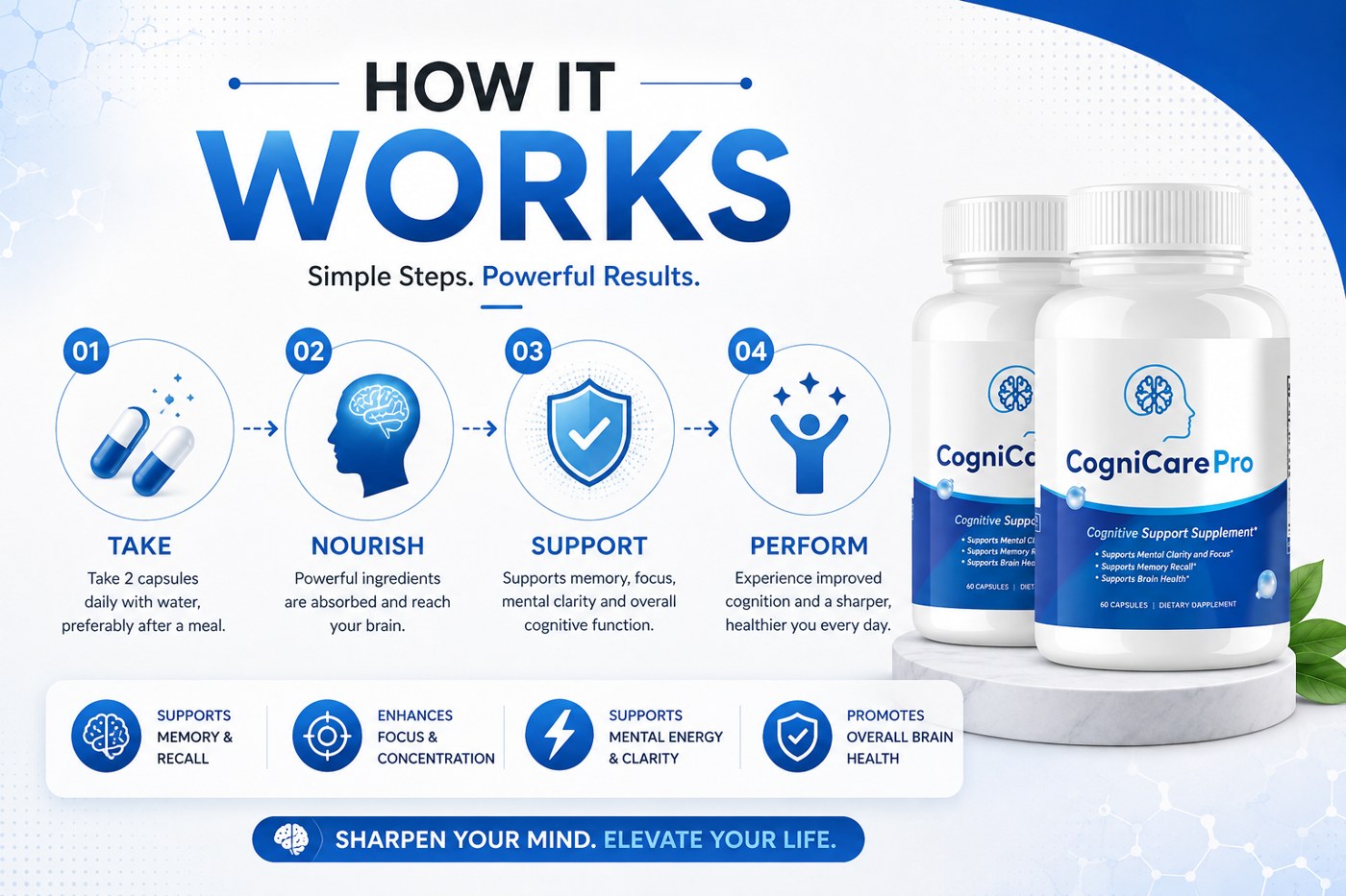 CogniCare Pro four-step how it works: take, nourish, support, perform